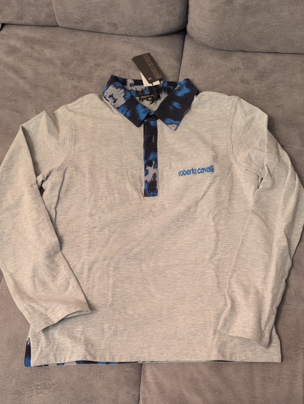 Roberto Cavalli Gray Long-Sleeve Polo with Blue Patterned Collar